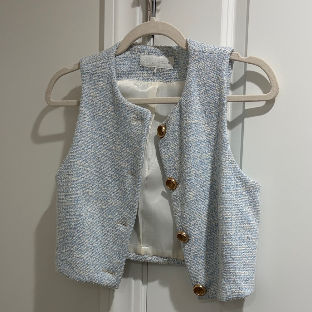 Zara Light Blue Tweed Vest with White Details